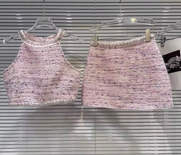 Women Color Bling Sleeveless Tweed Two Piece Skirt Set