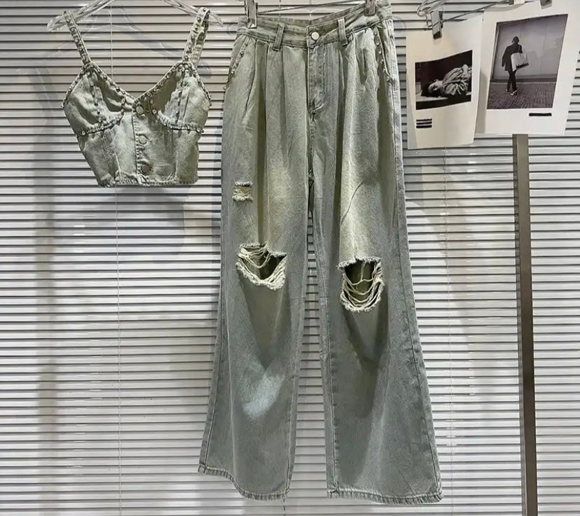 Women Sexy Fashion Rhinestone Denim Sleeveless Two Piece Pant Set