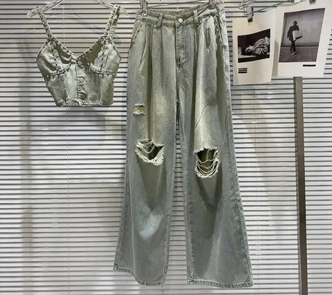 Women Sexy Fashion Rhinestone Denim Sleeveless Two Piece Pant Set