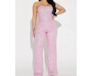 Women Sexy Strapless Sequins Solid Color Jumpsuit