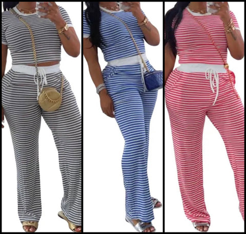 Women Striped Fashion Short Sleeve Two Piece Pant Set