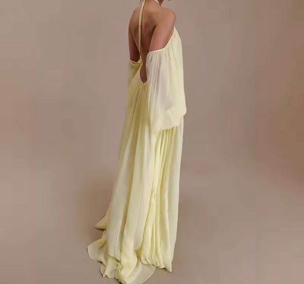 Women Sexy Halter Yellow Chiffon Maxi Dress
