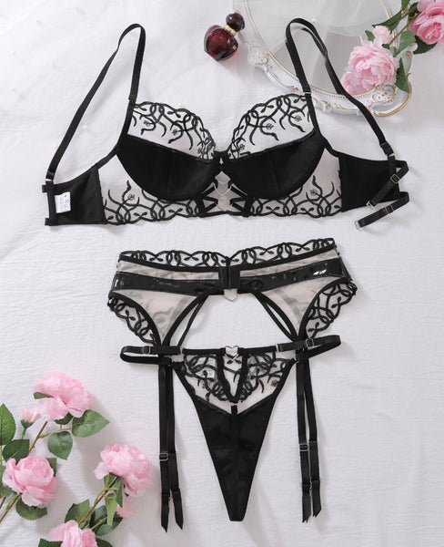 Women Sexy PU Printed Mesh Lingerie Set