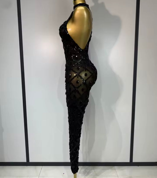 Women Black Sexy Sleeveless Sequins Crystal Mesh Jumpsuit