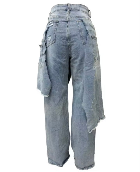 Women Fashion Asymmetrical Ripped Wrap Denim Pants