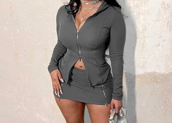 Women Sexy Hooded Full Sleeve Zipper Two Piece Skirt Set