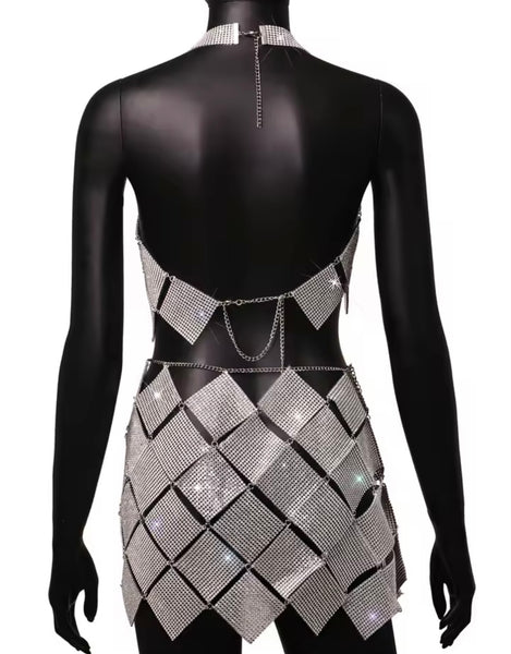 Women Sexy Halter Sleeveless Open Back Bling Two Piece Skirt Set