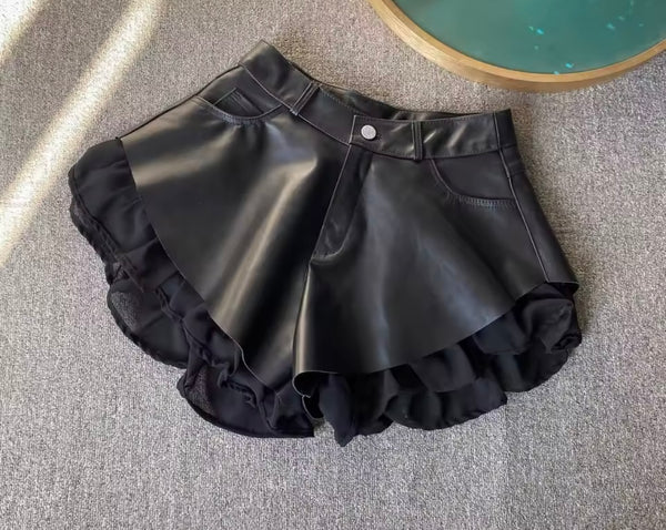 Women Black Ruffled Faux Leather Fashion Shorts