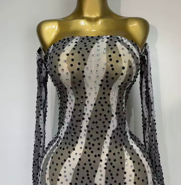 Women Sexy B&W Print Crystal Mesh Full Sleeve Maxi Dress