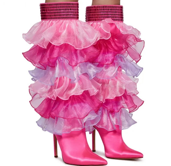 Women Pointed Toe Ruffled Mesh Sequins Knee High Boots