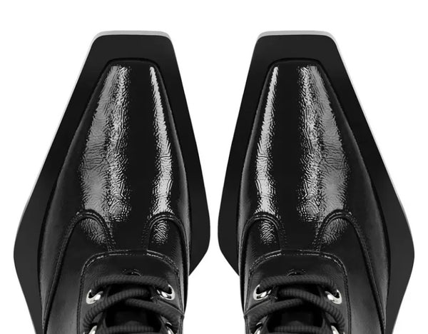 Women Pointed Toe Patent Leather Lace Up Flat Ankle Boots