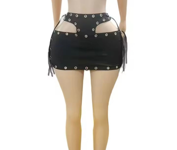 Women Sexy Black Metal Ring Cut Out Tie Up Short Skirt