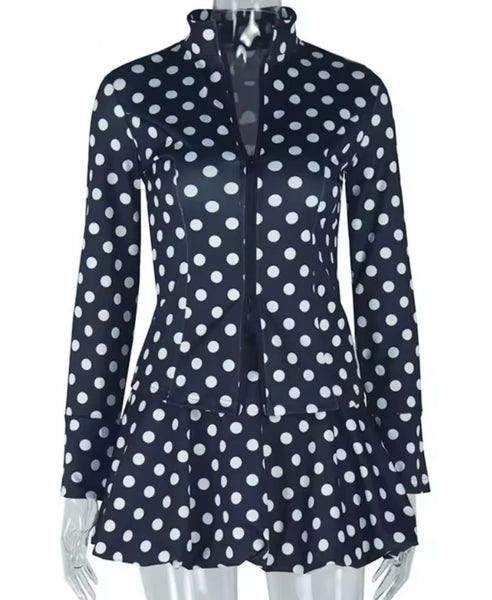 Women Fashion B&W Polka Dot Zip Up Two Piece Skirt Set