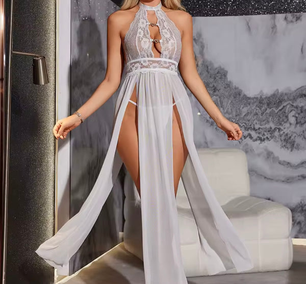 Women Sexy Halter Lace Mesh Side Split Long Nightgown Lingerie