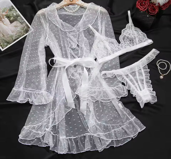 Women Sexy Lace Mesh Robe Lingerie Set