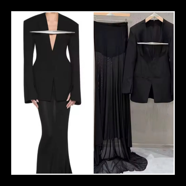 Women Black Brooch Design Blazer Two Piece Maxi Skirt Set