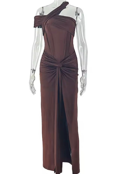 Women Sexy Brown Off The Shoulder Ruche Split Maxi Dress