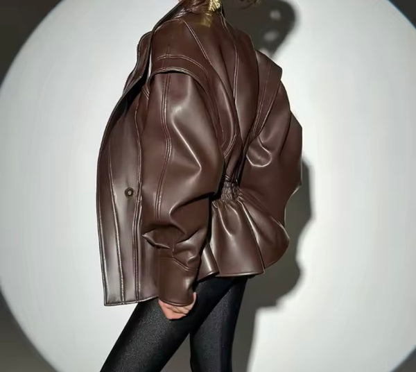 Women Fashion Zip Up Button Faux Leather Jacket