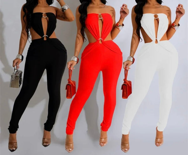 Women Sexy Solid Color Sleeveless Metal Cut Out Jumpsuit