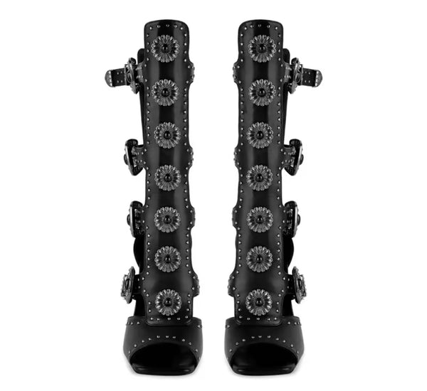 Women Black Rivet Buckled High Heel Knee Length Sandals