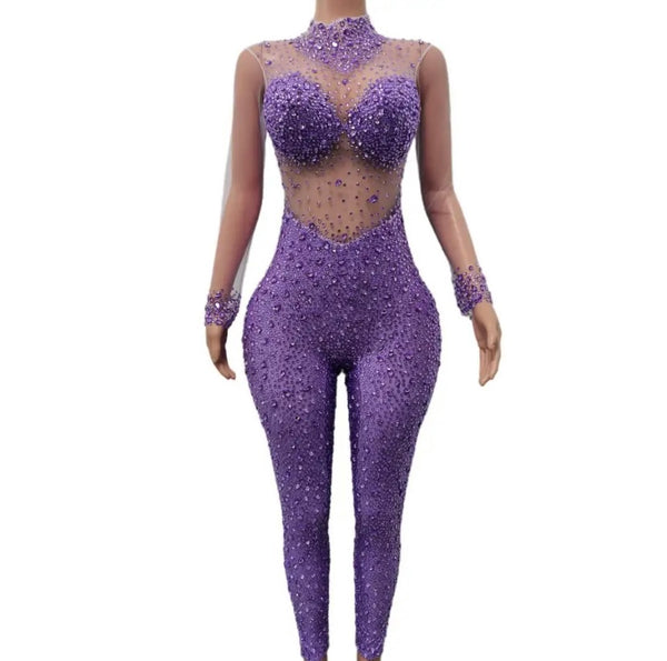 Women Sexy Fashion Bling Crystal Mesh Full Sleeve Jumpsuit