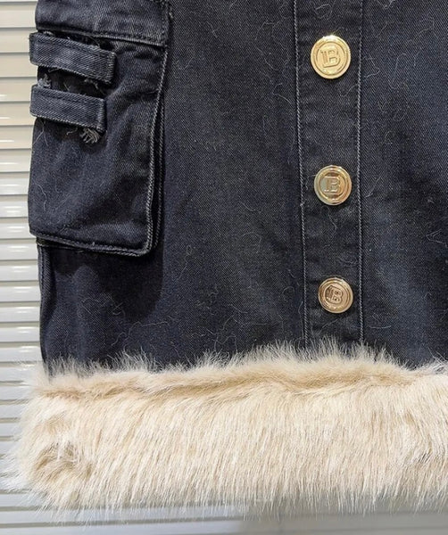 Women Fashion Button Up Faux Fur Patchwork Denim Skirt