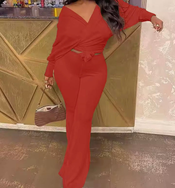 Women Fashion Full Sleeve Tie Up Crop Two Piece Pant Set