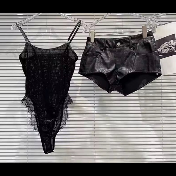 Women Black Ruffle Mesh Bodysuit Two Piece Short Set