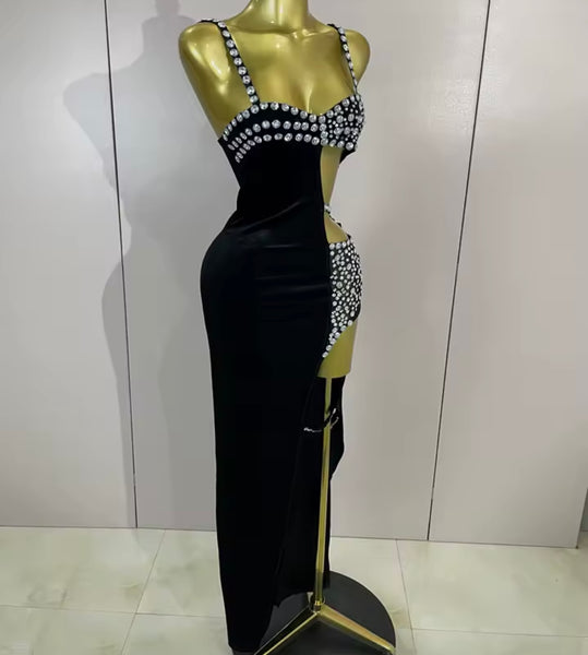Women Sleeveless Black Cut Out Rhinestone Velour Maxi Dress