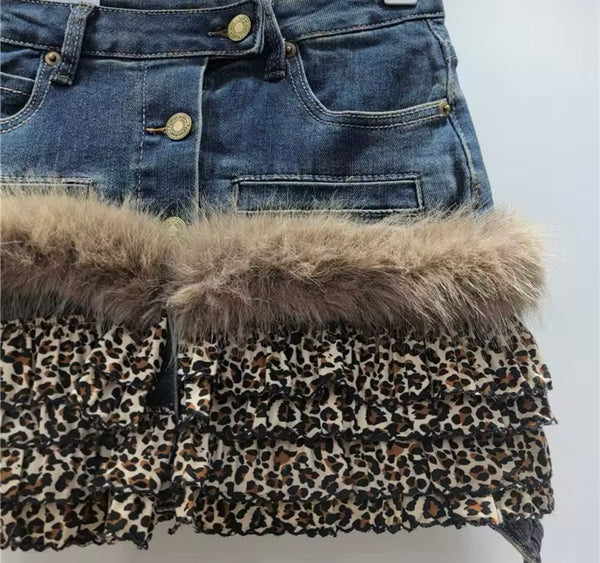 Women Fashion Faux Fur Leopard Denim Skirt