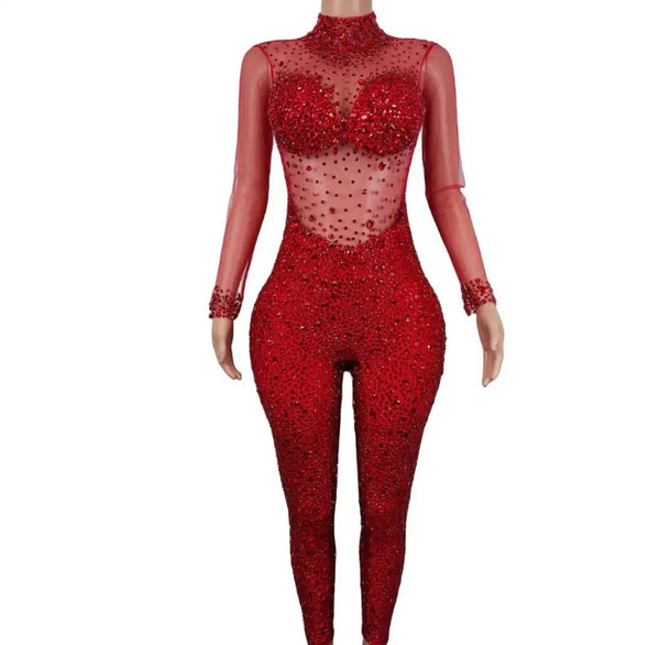 Women Sexy Fashion Bling Crystal Mesh Full Sleeve Jumpsuit