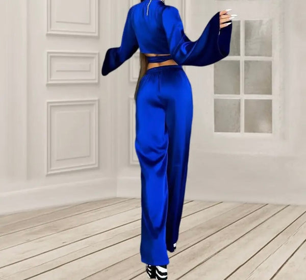 Women Sexy Solid Color Satin Full Sleeve Two Piece Pant Set