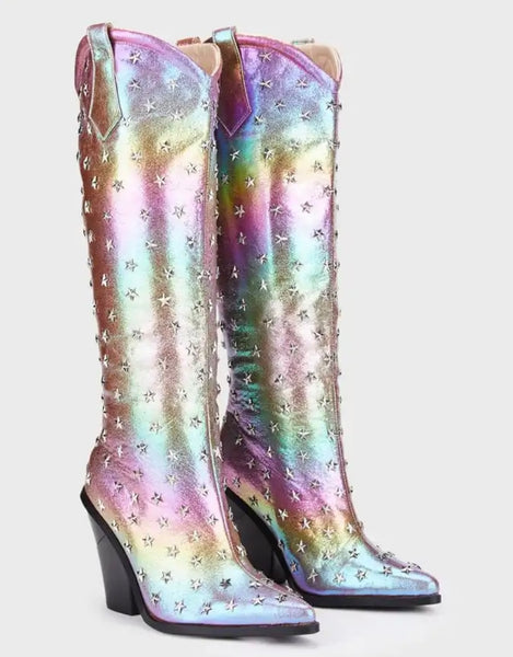 Women Fashion Star Rivet Western Knee High Boots