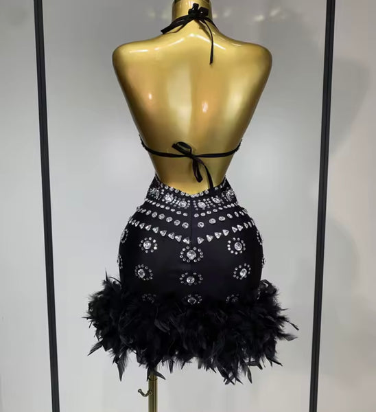 Women Sexy Halter Sleeveless Cut Out Rhinestone Feather Dress