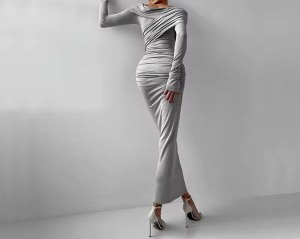 Women Sexy Gray Off The Shoulder Ruched Full Sleeve Dress