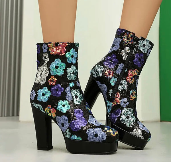 Women Fashion Black Sequins Floral Patent Leather Platform Ankle Boots