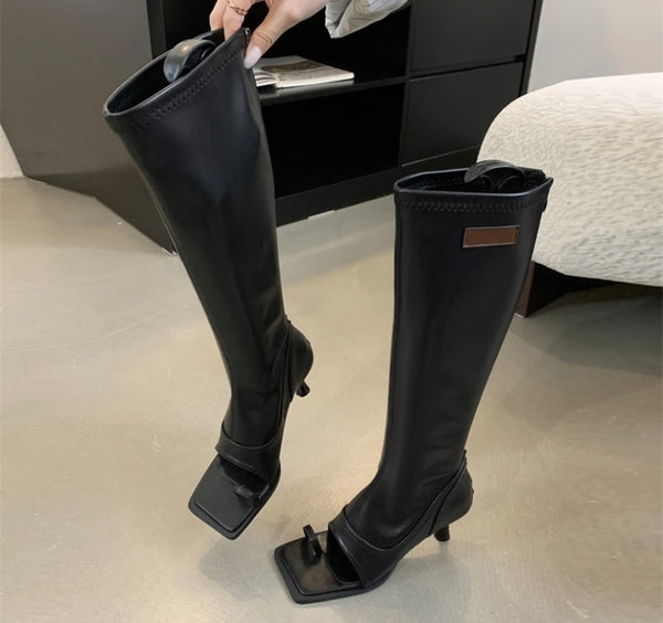 Women Fashion Faux Leather Open Toe Knee High Boots