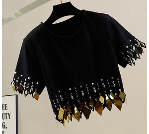 Women Fashion Short Sleeve Rivet Bling Tassel Crop Top