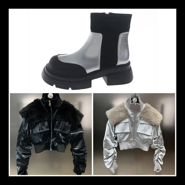 Women Fashion Faux Fur Patchwork Pocket Zipper Jacket