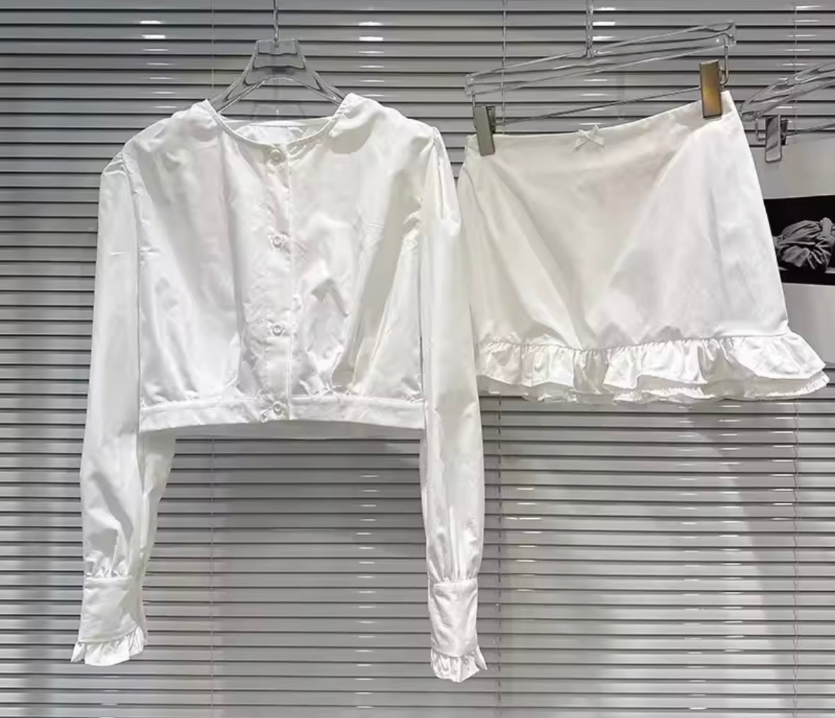 Women White Button Up Ruffled Full Sleeve Two Piece Skirt Set
