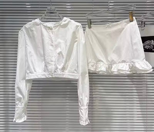 Women White Button Up Ruffled Full Sleeve Two Piece Skirt Set