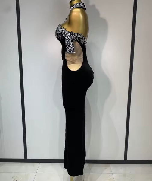 Women Black Rhinestone Velour Sexy Maxi Dress