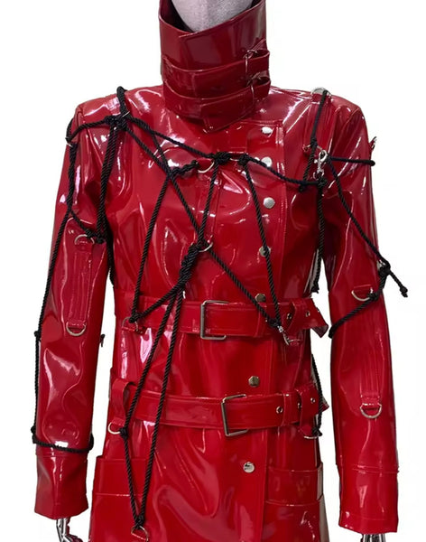Women Fashion Red PU Leather Gothic Trench Jacket