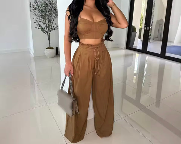 Women Color Sleeveless Crop Fashion Two Piece Wide Leg Pant Set