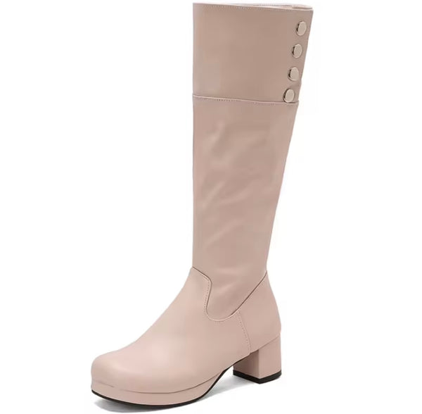 Women Color Button Fashion Faux Leather Knee High Boots