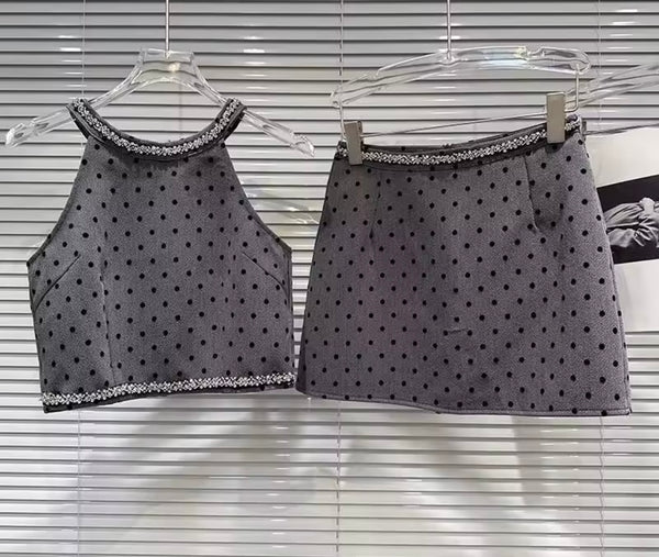 Women Sexy Rhinestone Halter Sleeveless Polka Dot Two Piece Skirt Set
