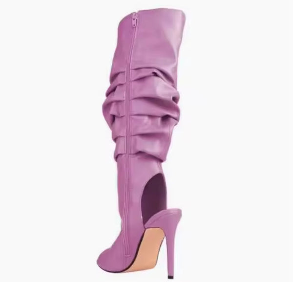 Women Open Toe Ruffle Faux Leather High Heel Fashion Boots