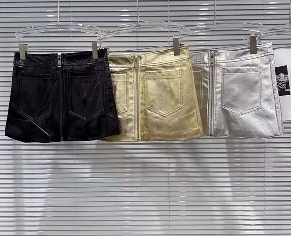 Women Sexy Fashion Front Zipper Faux Leather Skirt
