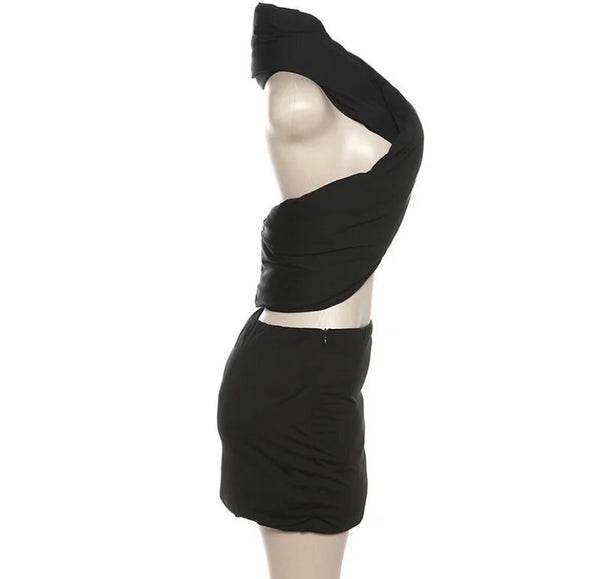 Women Sexy Sleeveless Halter Two Piece Puff Skirt Set