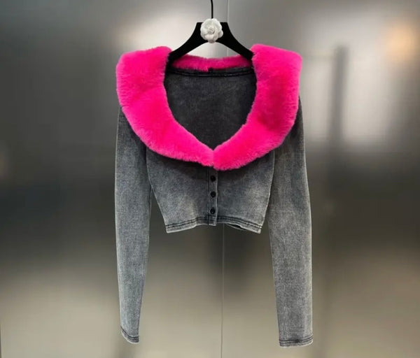 Women Fashion Button Up Faux Fur Patchwork Full Sleeve Top